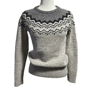 Scandinavian Wool Sweater Gray Fair Isle Pattern Elbow Patches Sweden (XS-S)